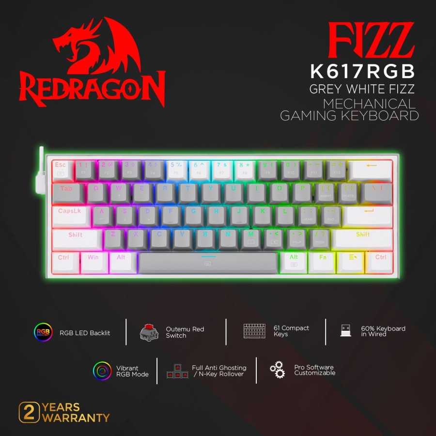REDRAGON Redagon Mechanical Gaming Keyboard 60% GREY WHITE FIZZ - K617RGB