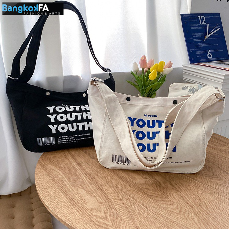 bangkoklist(BA1775) กระเป๋าผ้าสะพายข้าง YOUTH ผ้าแคนวาส ผู้ชาย​ ผู้หญิง​ ใบใหญ่มี2สี