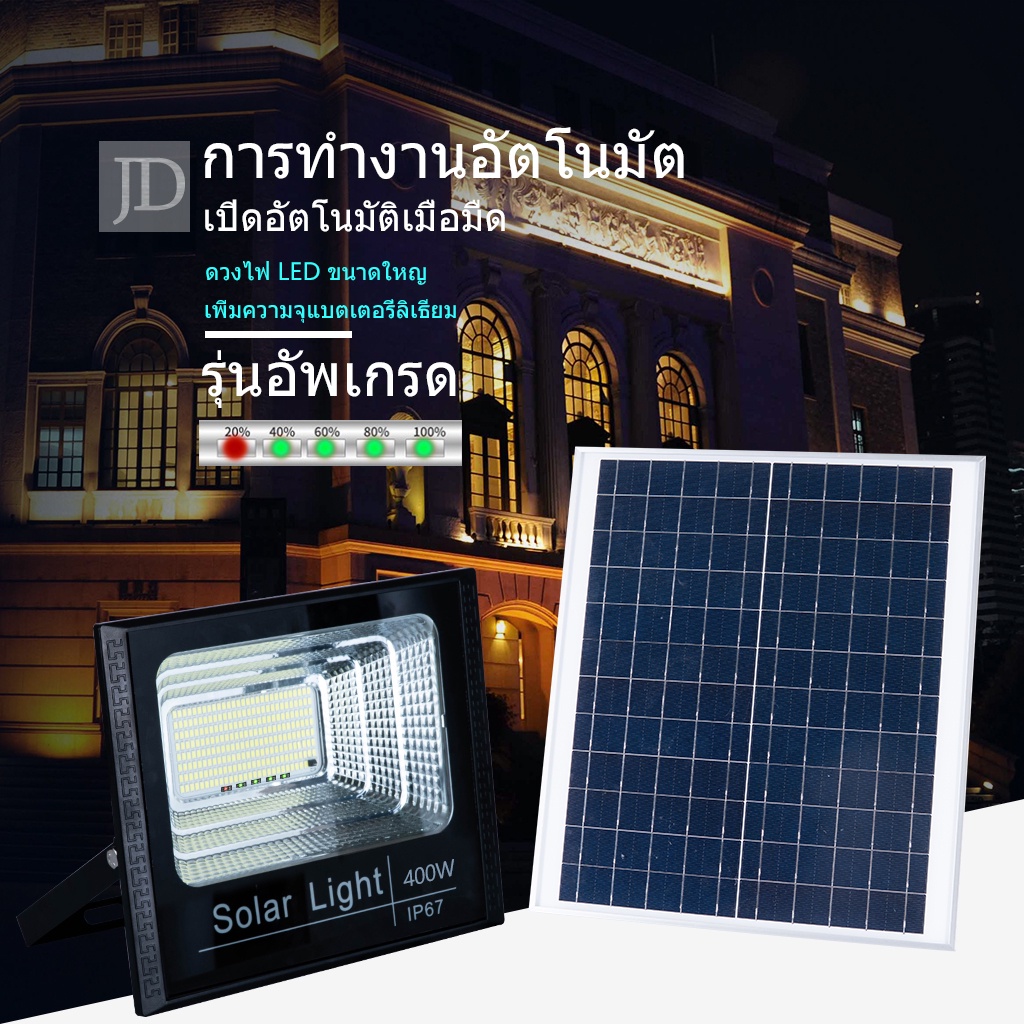 【กำลังไฟที่แท้จริง】JDของแท้ ไฟโซล่าเซลล์ กันน้ำกลางแจ้ง ป้องกันฟ้าผ่า Solar light แสงสีขาว สว่างอัตโนมัติเมื่อฟ้ามืด