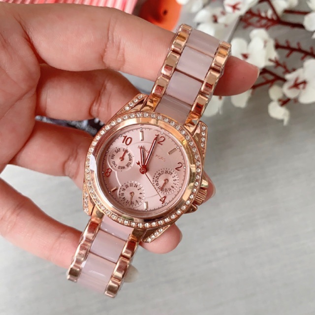 (ผ่อน0%) MICHAEL KORS Chronograph Mini Blair Blush and Rose Gold-Tone Stainless Steel Bracelet Ladies Watch MK6175