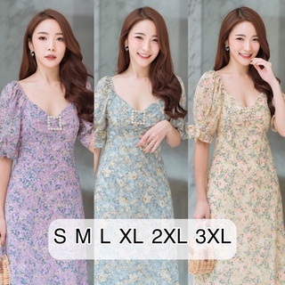 เดรสป้าย Fairy &amp;Angle (มี 3 สี/S-3XL) เดรสกระโปรงจาว แขนจั้ม ผ้าสีฟองลายดอก