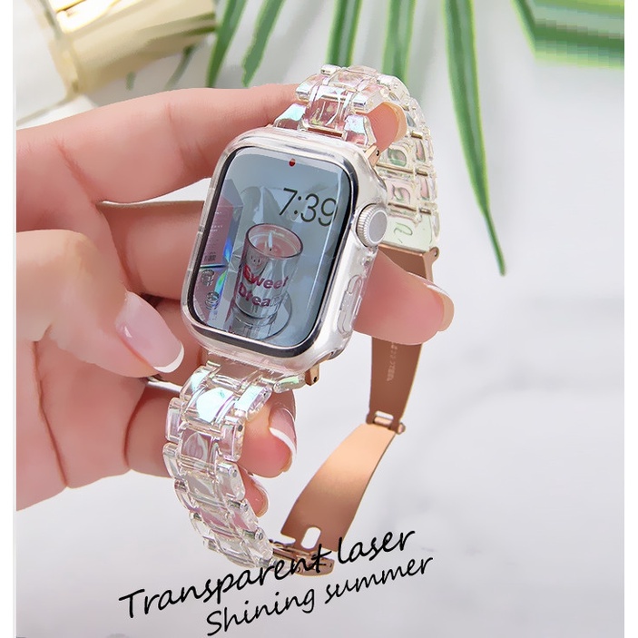 ☎✢สายนาฬิกาข้อมือ ประดับกลิตเตอร์สะท้อนแสง พร้อมเคส สําหรับ applewatch Strap Radium Carving B For i watch Strap Series 7 SE 6 5 4 3