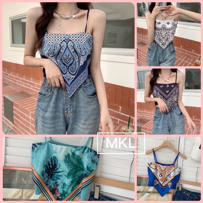 MKL พร้อมส่ง เสื้อสายเดี่ยวเกาะอก ทรงสามเหลี่ยม เสื้อแฟชั่น ลวดลายสวยงาม มี 5 สี #32036-1