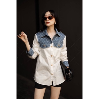 เสื้อเชิ้ตผ้าต่อยีนส์ ลาย LV เชิ้ตสาวอวบ