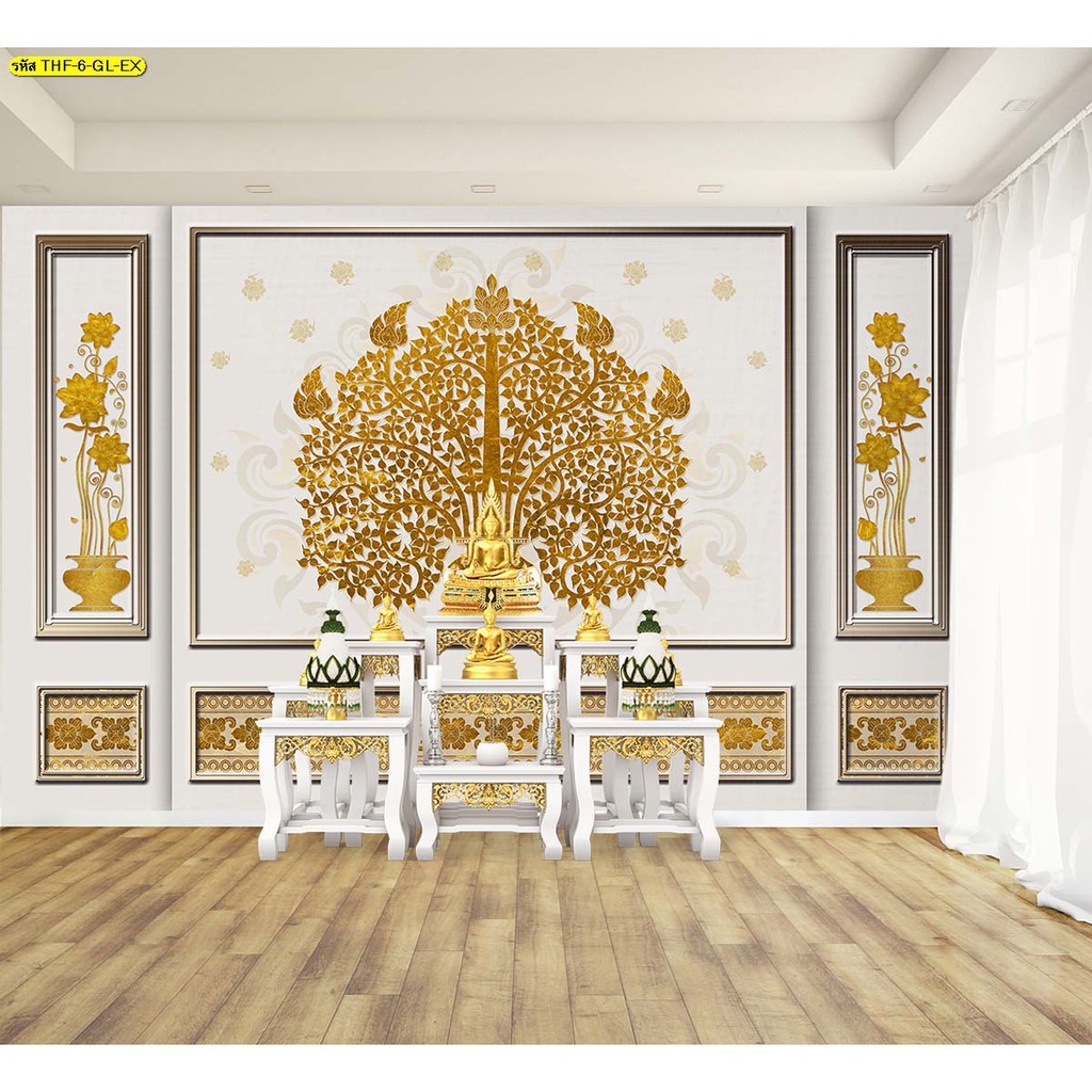 ภาพพิมพ์ลายไทยกรุผนังต้นโพธิ์ แบบงบไม่บานปลาย ขนาด 178x112 cm. ภาพใหญ่ไร้รอยต่อ