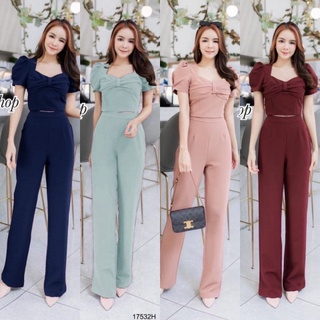 B17532 Set 2 ชิ้น เสื้อทรงครอปอกแต่งโบว์ + กางเกงขายาว Set of 2 pieces: cropped top + bow pants