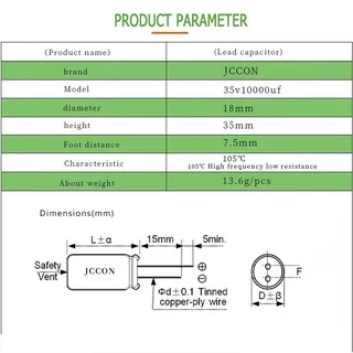 JCCON คาปาซิเตอร์ 10000uf 35V ตัวเก็บประจุออดิโอ ขนาด 18*35mm ตัวเก็บประจุเพาเวอร์แอมป์พลังเสียง 1 ชิ้น
