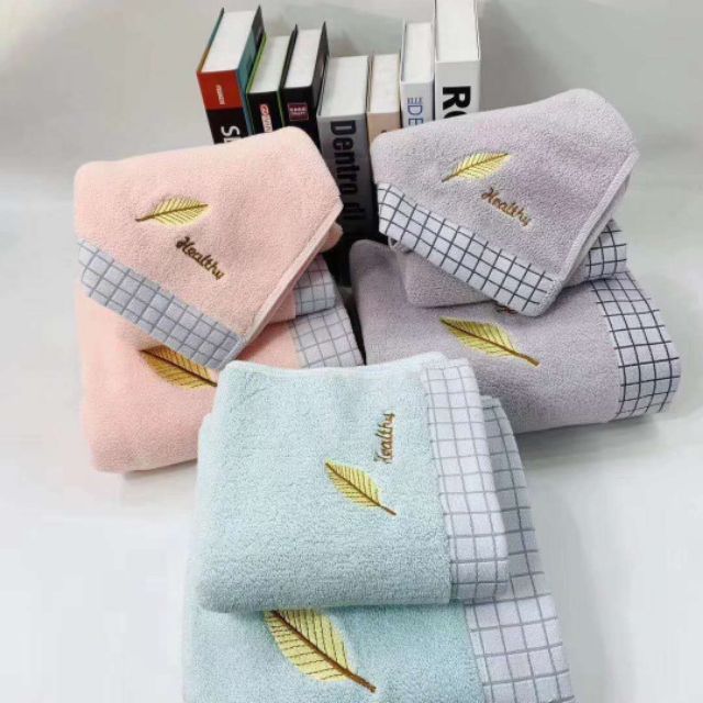 ชุดเซ๊ตผ้าเช็ดตัว+ผ้าเช็ดหน้า เนื้อผ้าขนสั้น Cotton แท้100%สีพื้นลายเส้น 5สี MM10