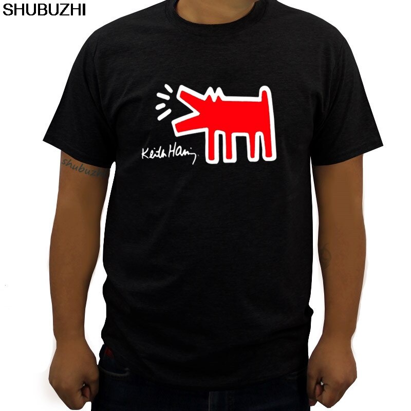 เสื้อยืดชาย - ผ้าฝ้ายเสื้อยืดคน 100% อารมณ์ขันผู้ชาย Crewneck s Keith Haring สุนัขผู้ใหญ่แบรนด์เสื้