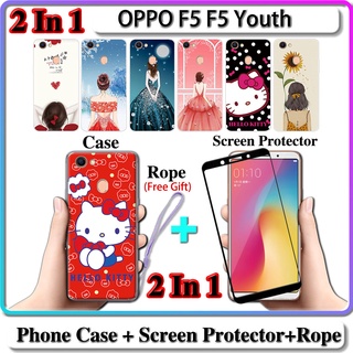 2 IN 1 เคส OPPO F5 F5 Youth เคส พร้อมกระจกนิรภัยโค้ง ป้องกันหน้าจอเซรามิค สําหรับเด็กผู้หญิง และคิตตี้