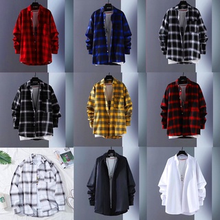 เสื้อเชิ้ตแขนยาว ลายสก๊อต แบบเรียบง่าย แฟชั่นฤดูร้อน สไตล์เกาหลี สําหรับผู้ชาย