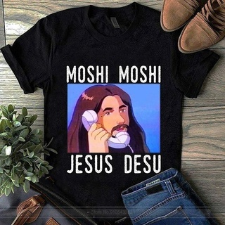 ผ้าฝ้ายคอกลมเสื้อยืด พิมพ์ลาย Moshi Moshi Jesus Desu Meme สีดํา สําหรับผู้ชายfrom S-4XL