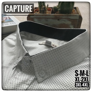 เสื้อเชิ้ตแขนยาว คอปก ผ้า Cotton ลายจุดไข่ปลา สีขาว มีถึงไซส์ 4XL