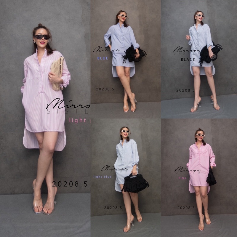 Mirrorsister #20208.5 เดรสเชิ้ตคอจีนลายทางลง เดรสแขนยาว หน้าสั้นหลังยาว ใส่สบาย ชุดไปเที่ยว ชุดทำงาน