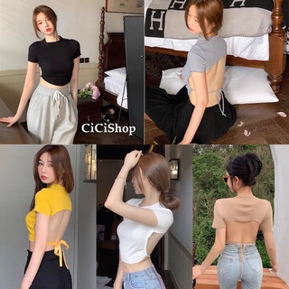 Cicishop(A791)เสื้อครอปไหมพรมคอสูง เว้าหลัง มีดีเทลสายผูก สุดเซ็กซี่