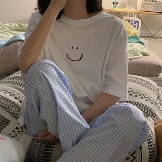 Cicishop SALE(C2096)ชุดเช็ตเสื้อยืด+กางเกงขายาวลายสก๊อต ใส่เล่นใส่นอนก็ได้ ผ้าใส่สบาย