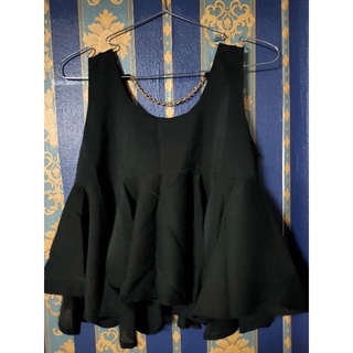 เสื้อครอปสั้นสีดำ แขนกุด ระบายชาย แต่งโซ่ด้านหลัง 116-160 อก34 ยาว18