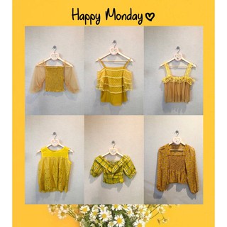 เสื้อครอป สายเดี่ยว ชีฟอง แขนกุด สีเหลือง 💛