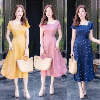 J8639 Dress เดรส คอเหลี่ยม ลายจุด ผูกเอว