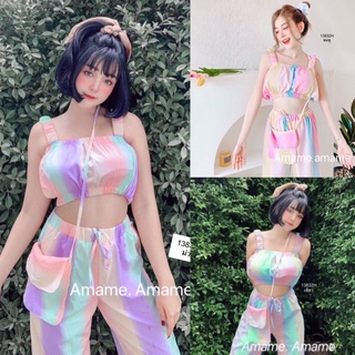 MM13832 Set 2 ชิ้น เสื้อครอปสายเดี่ยว + กางเกงขายาว + กระเป๋า ลายพาสเทล Set of 2 pieces: crop top + pants + pastel bag