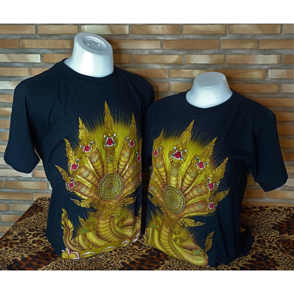 MC. เสื้อยืด  ลายพญานาค คอกลม สีดำ สำหรับ ผู้ชาย-ผู้หญิง (ลายไทย)พญานาค 7 เศียร์