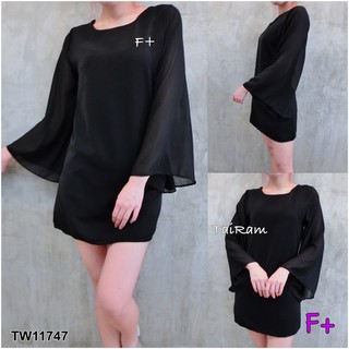 J11747 Dress เดรสสั้นสีดำ แขนชีฟองบาน