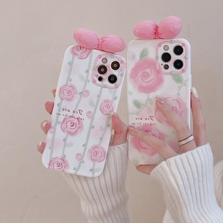 เคสโทรศัพท์มือถือแบบนิ่ม Tpu กันกระแทก กันรอยเลนส์กล้อง ลายดอกไม้ 3D สีชมพู สร้างสรรค์ สําหรับ iPhone 11 12 13Pro Max XS Max X XR 7 8Plus