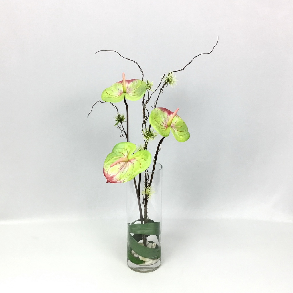 OrientalFineArt แจกันดอกไม้ดอกหน้าวัว Anthurium จัดในแจกันแก้วใสทรงกระบอกสูง(GRIXO-6302-L)