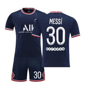 เสื้อกีฬาแขนสั้นลายทาง Paris Saint-Germain F.C No. 30 Messi 21-22