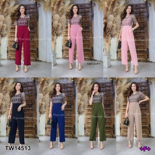 &lt;TW14513&gt;Jumpsuit จั๊มสูทขายาว แขนสั้น แต่งลูกไม้มงกุฎ ซิปหลังยาว เชือกผูกเอว มีกระเป๋าล้วง