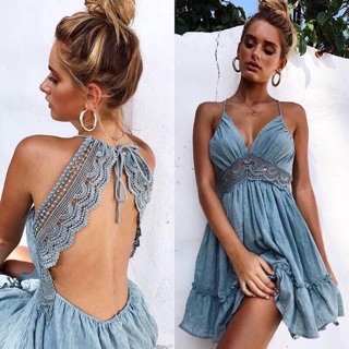 Dress ลูกไม้ น่ารักมากกกกก 4 สี ชมพู ฟ้า ขาว ดำ   Freesize เชือกปรับได้ค่ะ