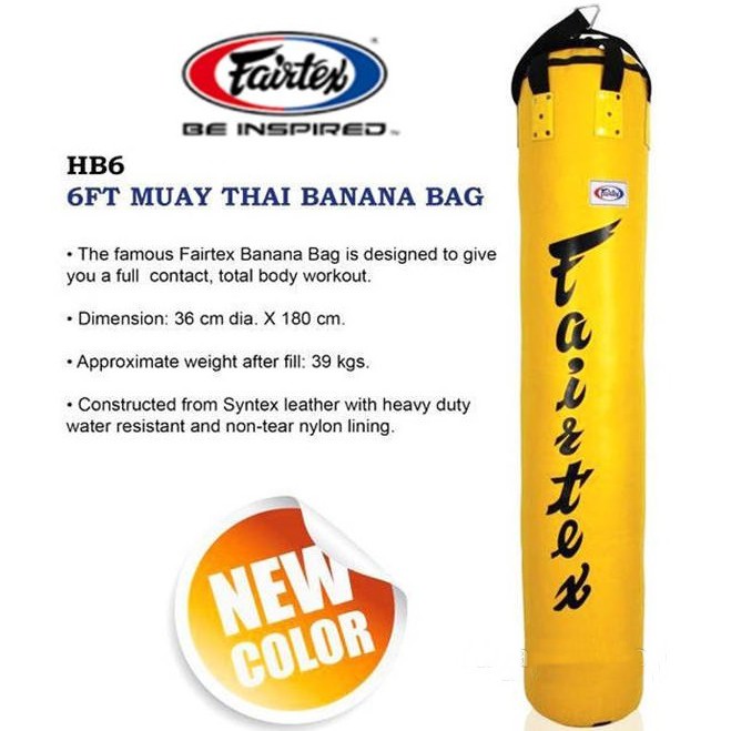 กระสอบทรายแฟร์แท็กซ์  6 ฟุต สีเหลือง หนังเทียม Fairtex Heavy Bag HB6 Banana 6 Feets Training un-filled MMA Kickboxing k1