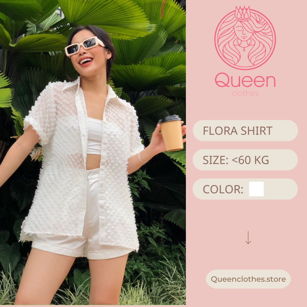 QUEEN เสื้อเชิ้ตผู้หญิงแขนสั้นทรงหลวมสีขาวผ้าชีฟองขนสัตว์ซีทรูบุคลิกภาพแบบไดนามิก - เสื้อเชิ้ต FLORA