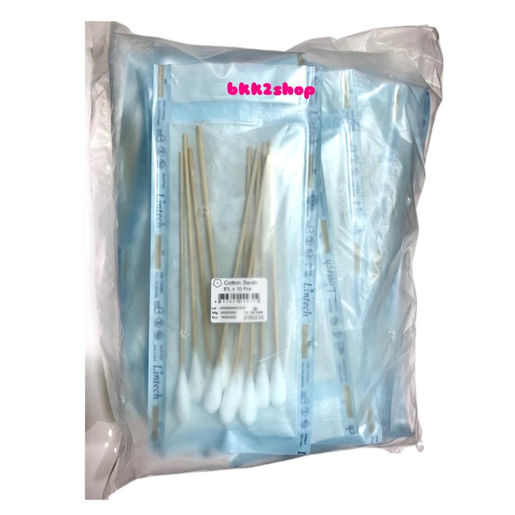 Lintech ไม้พันสำลีก้านยาว Cotton swab Sterile 6 นิ้ว ขนาด M, L ซองละ 10ก้าน x 20 ซอง (รวม200ก้าน)