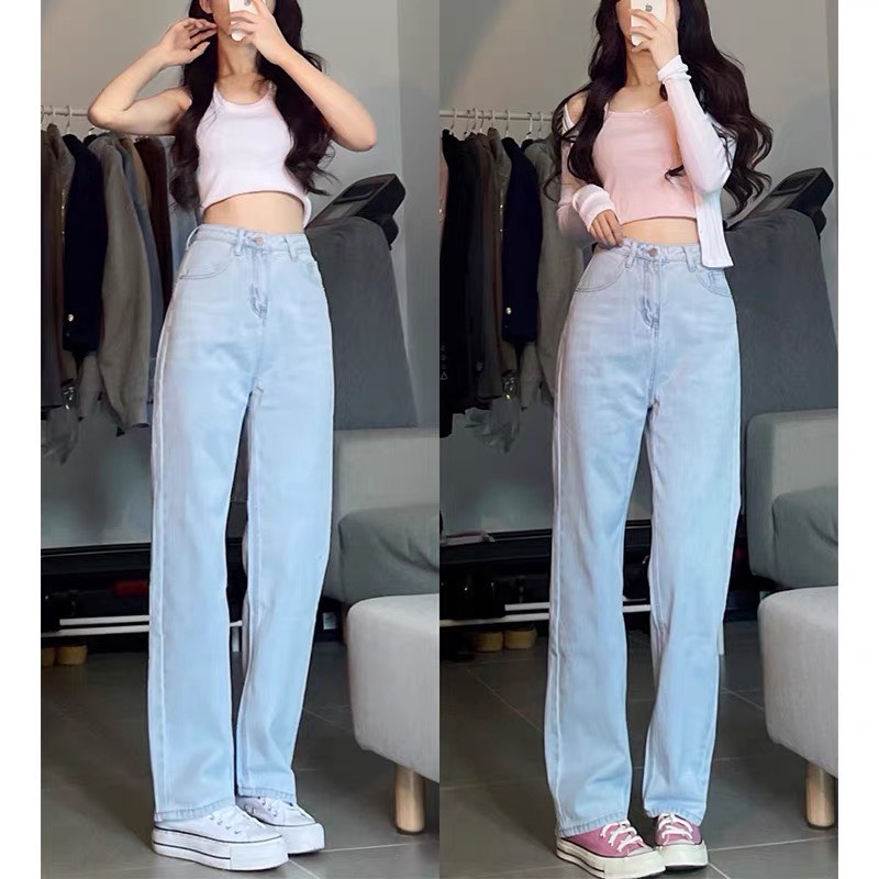 NEW HOT กางเกงยีนส์ขายาวสําหรับสตรีเอวสูงทรงหลวม ใส่สบาย มีสไตล์