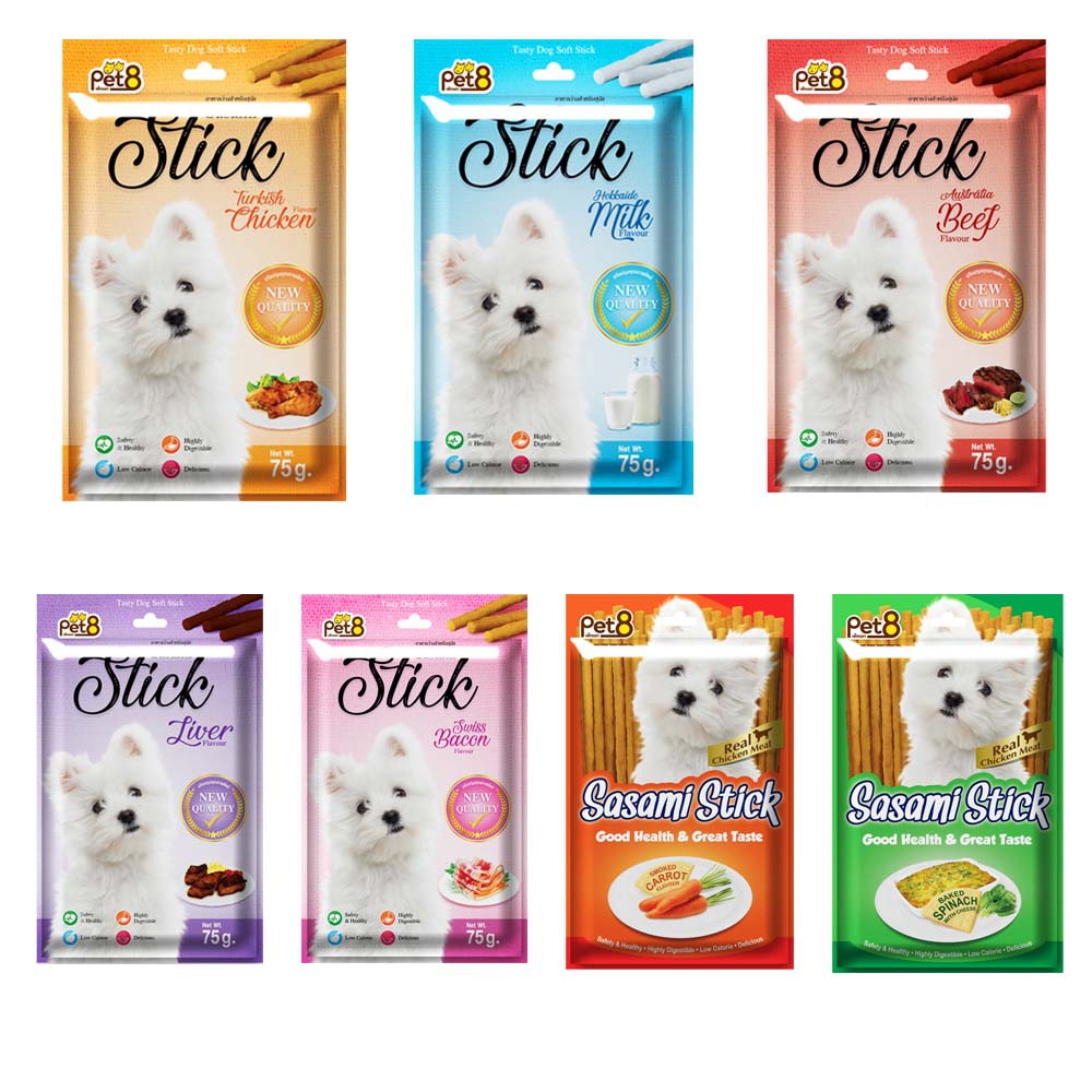PET8 Sasami Stick อาหารว่างสำหรับสุนัข 75g Tasty Dog Soft Stick