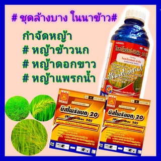 ชุด เก็บหญ้าในนาข้าว ยาฆ่าหญ้าในนาข้าว ไซฮาโลฟอบ1 ลิตร+ บิสไพรีแบค 100 กรัม 2กล่อง ไม่แดง หญ้าข้าวนก ดอกขาว  หญ้าแพรกน้ำ