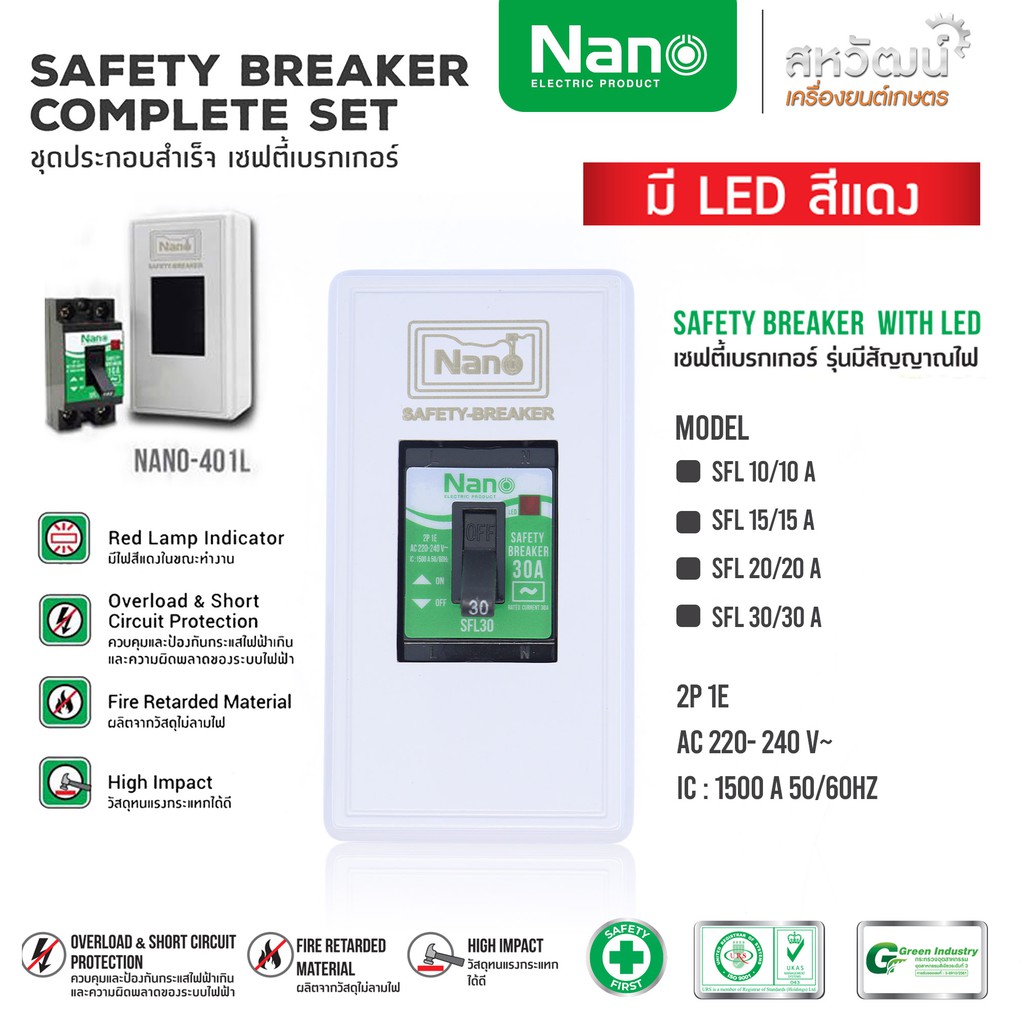 NANO เซฟตี้เบรกเกอร์ พร้อมกล่อง แบบมีไฟแสดงสถานะ - 10A 15A 20A 30A - ผลิตในไทย คุณภาพสูง มีมอก