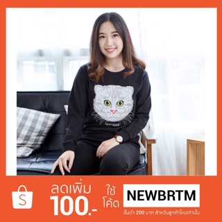 เสื้อแขนยาว Sweater ปัก ลายแมว ผ้านุ่ม COTTON 100%