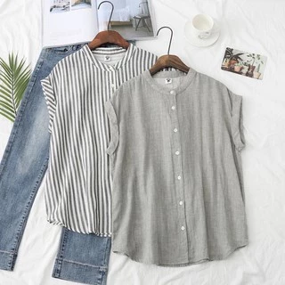 เสื้อคอจีนแขนสั้น - พับแขน เสื้อสไตล์ญี่ปุ่น มูจิ มินิมอล ผ้าสาลู 2 ชั้น by Herbiestyle