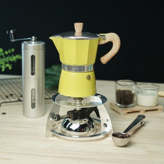 (สีเหลือง) ชุดเตาแก๊สมินิ  + กาต้มมอคค่าพอท moka pot + เครื่องบดมือหมุน + ช้อนตักกาแฟ