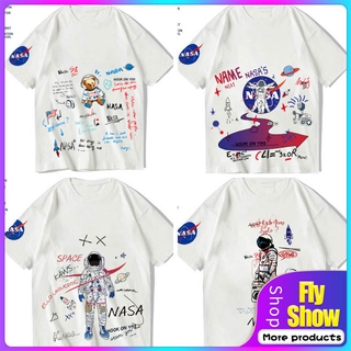 เสื้อยืดคอกลม แขนห้าส่วน ผ้าฝ้ายแท้ พิมพ์ลายกราฟฟิตินักบินอวกาศ Nasa สวมใส่สบาย ระบายอากาศได้ดี สําหรับผู้ชาย และผู้หญิง