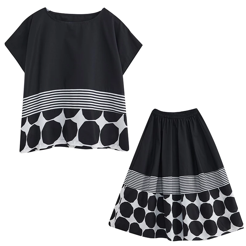 Oladivi Plus ขนาดผู้หญิงเสื้อผ้าแฟชั่น Polk Dot พิมพ์แขนสั้นลําลองหลวมเสื้อ + กระโปรงสองชิ้นชุดฤดูร้อนใหม่ขนาดใหญ่เสื้อด้านล่าง 3553 L XL XXL 3XL C051B thumbnail 9