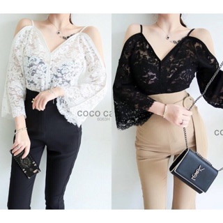 TwinsShopVip💗พร้อมส่ง TW6063 เซตเสื้อลูกไม้แขนยาวผ่าไหล่+กางเกงขายาว