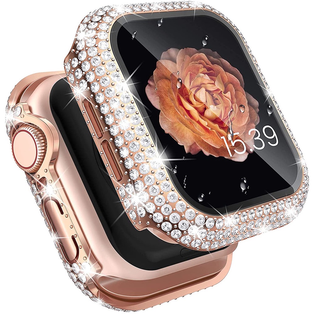 เคสนาฬิกาข้อมือ กระจกนิรภัย ประดับเพชรในตัว สําหรับ Apple Watch 38 40 42 มม. 44 มม. 41 มม. 45 มม. iWatch Series 8 7 6 SE 5 4 3 8