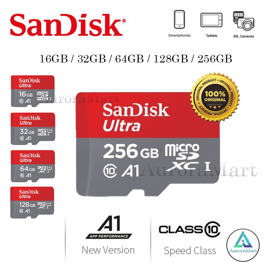 การ์ดหน่วยความจํา Sandisk 16GB / 64GB / 128GB / 256GB การ์ด Micro SD Ultra Sandisk Class 10 โทรศัพท์