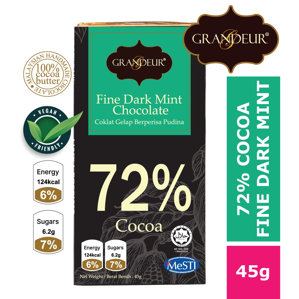 GRANDEUR 72% Cocoa Fine Dark Mint Chocolate Bar 45g Kocollat Lankawi Borong Sedap ฮาลาลเบลเยี่ยม เบลเยียม Couverture Pure