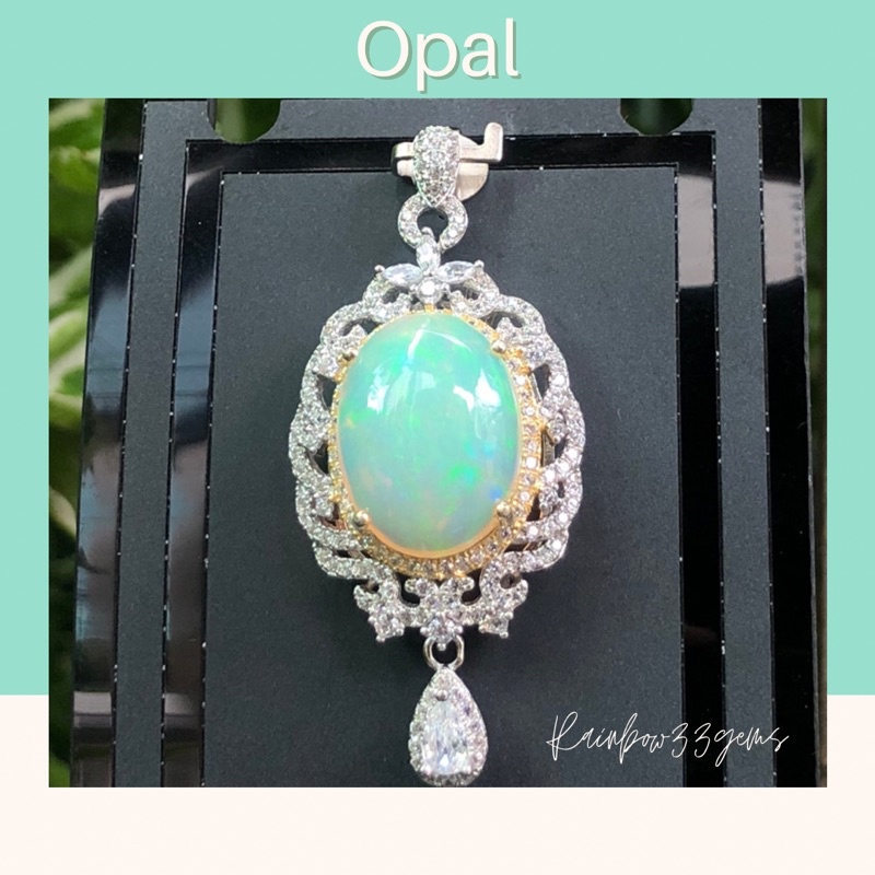 Opal pendant จี้เงิน925 ประดับพลอยโอปอลแท้ ห้อยเพชรหยดน้ำตุ้งติ้ง