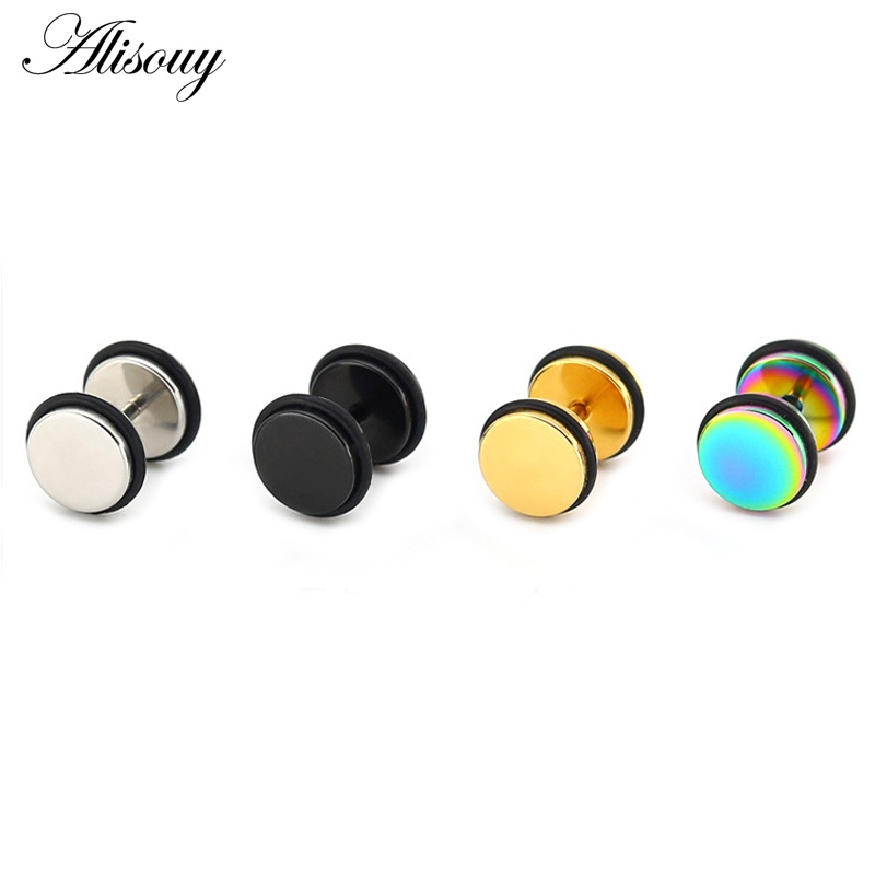 Alisouy 2PC Mens Barbell Punk Gothic 4-12 มม.สแตนเลสสตีลหู Studs ปลอมหูปลั๊ก Stretcher Cheater ต่างหูเจาะเครื่องประดับ
