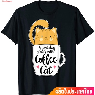 เสื้อยืดผ้าฝ้ายพิมพ์ลายขายดีเสื้อผ้ามีสไตล์TheBeauty ใหม่ แมว น่าสนใจ น่ารัก  Funny Orange Cat Coffee Mug Tshirt Cat Lov